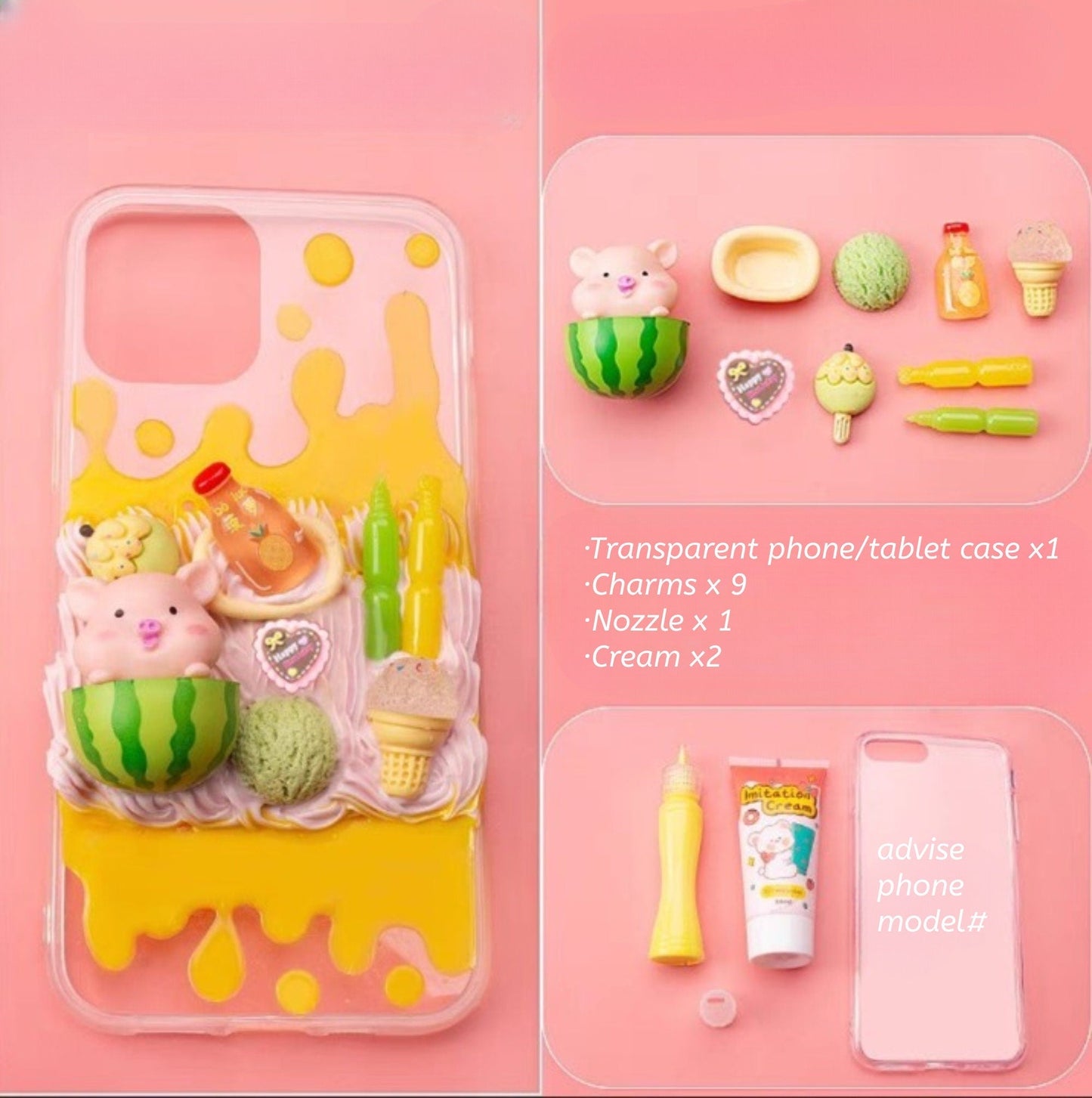 Decoden Custom Phone Case DIY Craft Kits | Kawaii Pigs School Supplies Food Drinks Toys Charms | Samsung Android iPhone