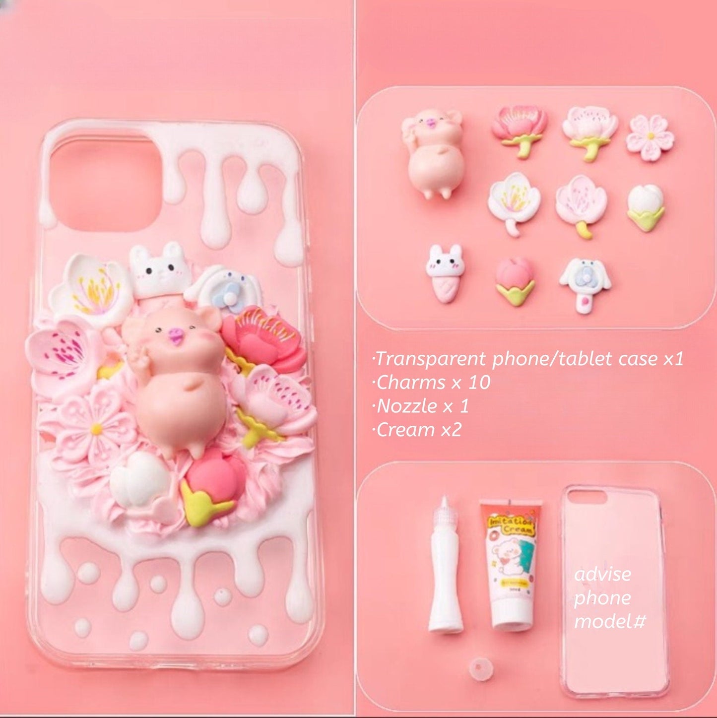 Decoden Custom Phone Case DIY Craft Kits | Kawaii Pigs School Supplies Food Drinks Toys Charms | Samsung Android iPhone