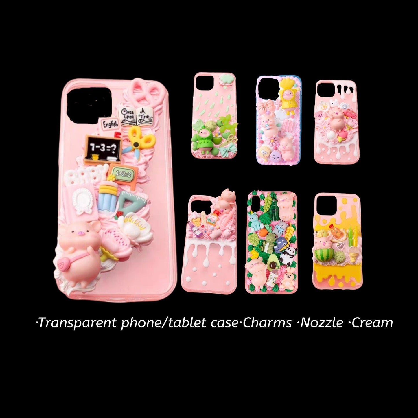 Decoden Custom Phone Case DIY Craft Kits | Kawaii Pigs School Supplies Food Drinks Toys Charms | Samsung Android iPhone