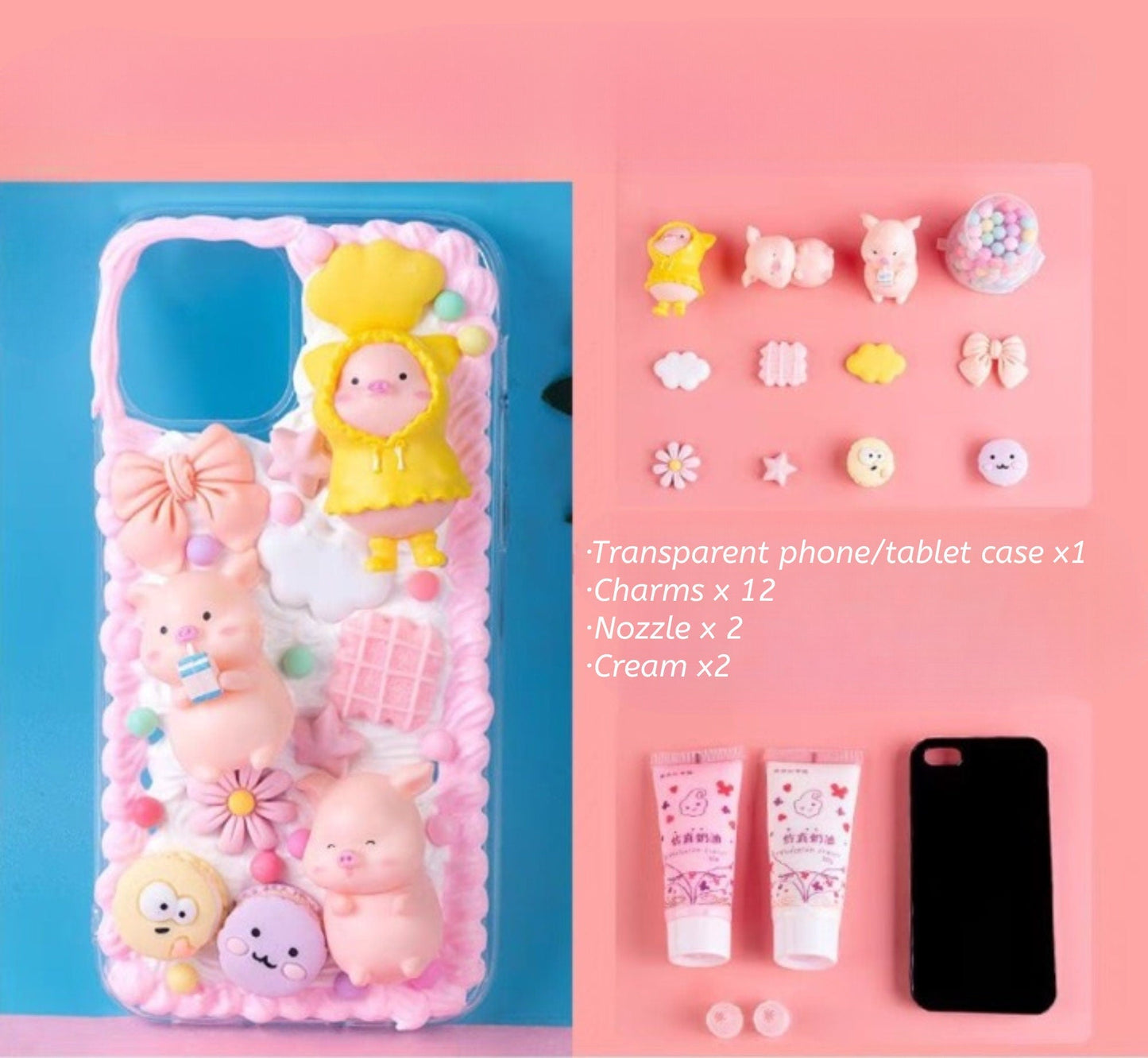 Decoden Custom Phone Case DIY Craft Kits | Kawaii Pigs School Supplies Food Drinks Toys Charms | Samsung Android iPhone