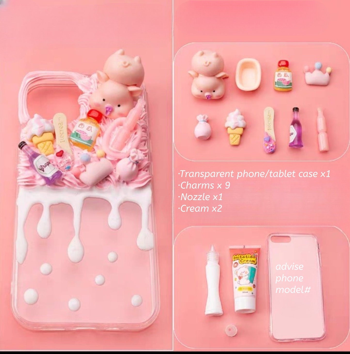 Decoden Custom Phone Case DIY Craft Kits | Kawaii Pigs School Supplies Food Drinks Toys Charms | Samsung Android iPhone