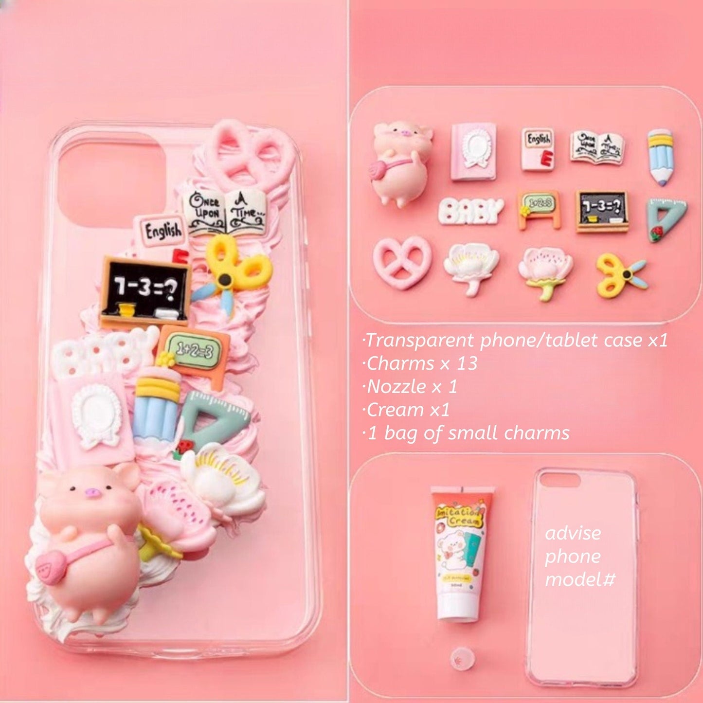 Decoden Custom Phone Case DIY Craft Kits | Kawaii Pigs School Supplies Food Drinks Toys Charms | Samsung Android iPhone
