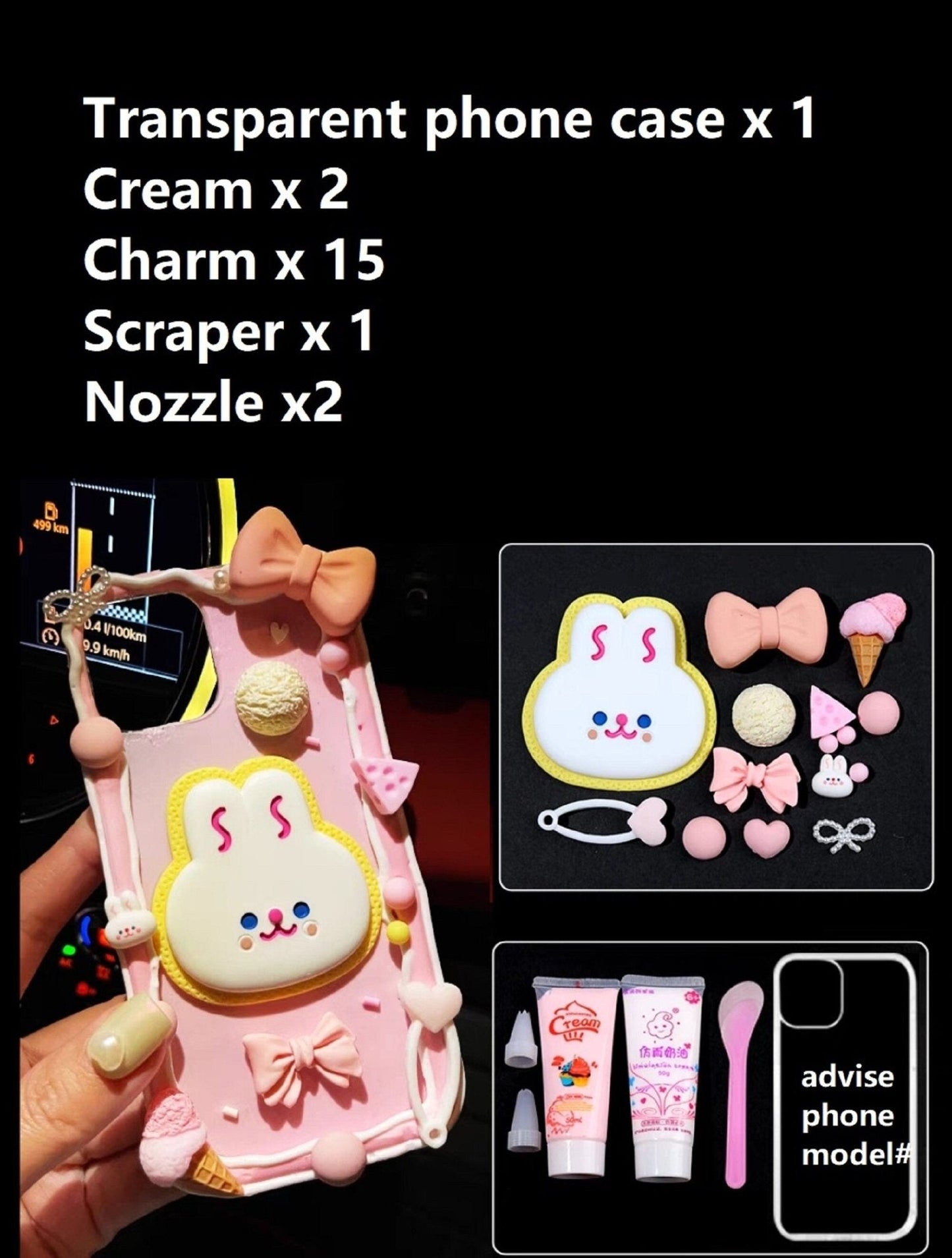 Decoden Custom Phone Case DIY Craft Kits | Kawaii Rabbit Bow Strawberry Peach Ice Cream Pearls Bows Charms | Samsung