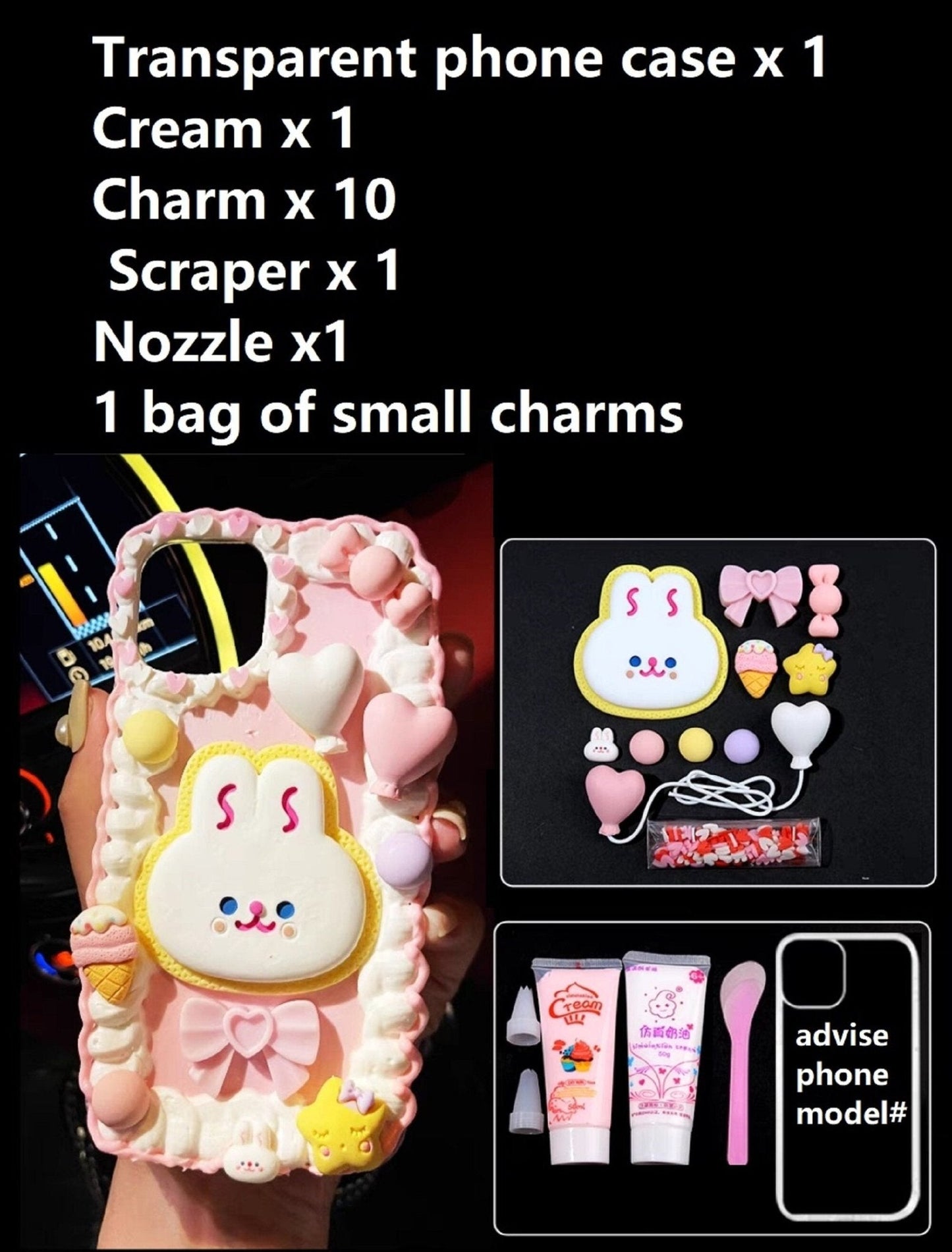Decoden Custom Phone Case DIY Craft Kits | Kawaii Rabbit Bow Strawberry Peach Ice Cream Pearls Bows Charms | Samsung