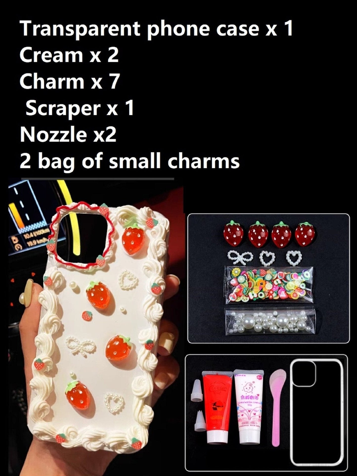 Decoden Custom Phone Case DIY Craft Kits | Kawaii Rabbit Bow Strawberry Peach Ice Cream Pearls Bows Charms | Samsung