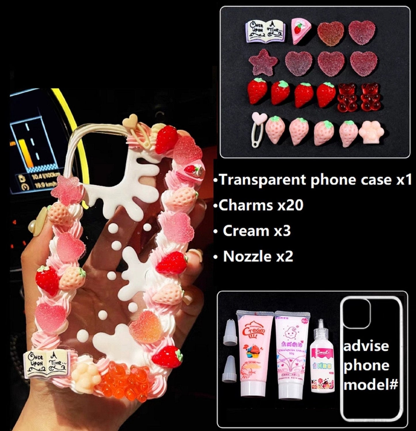 Decoden Custom Phone Case DIY Craft Kits | Kawaii Rabbit Bow Strawberry Peach Ice Cream Pearls Bows Charms | Samsung