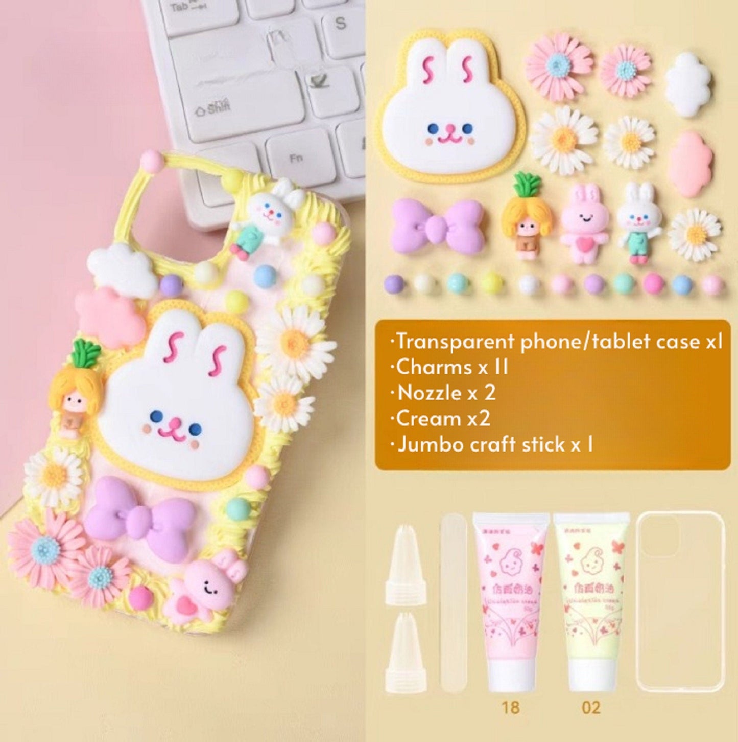Decoden Custom Phone Case DIY Craft Kits | Kawaii Rabbit Face Food Candy Color Pearls Charms | Samsung Android iPhone
