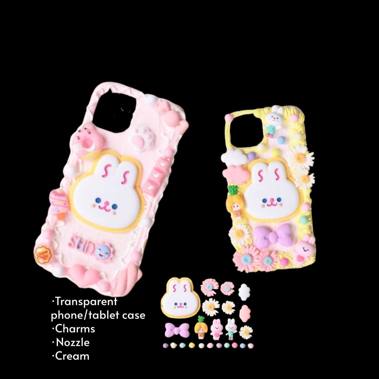 Decoden Custom Phone Case DIY Craft Kits | Kawaii Rabbit Face Food Candy Color Pearls Charms | Samsung Android iPhone