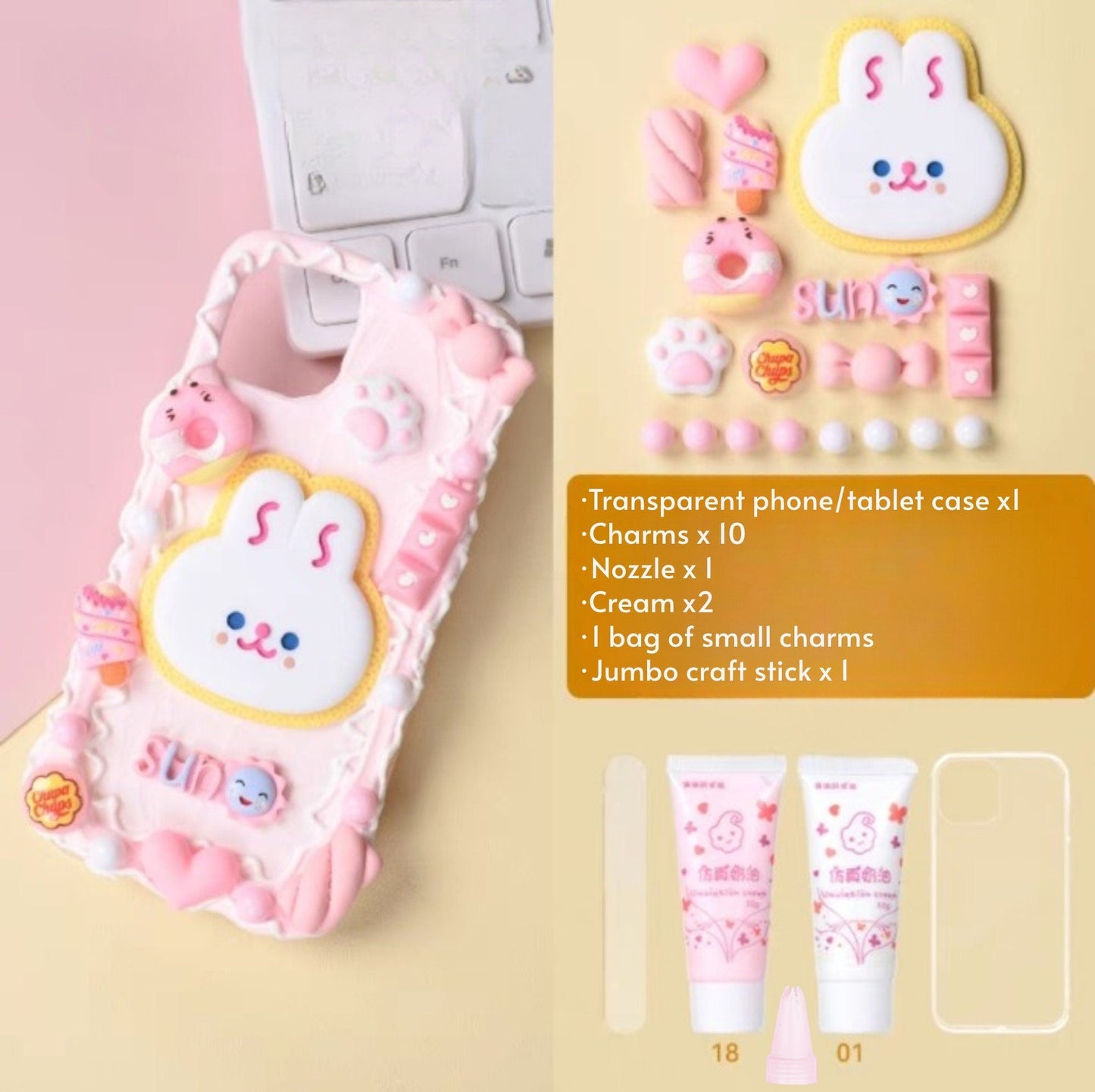 Decoden Custom Phone Case DIY Craft Kits | Kawaii Rabbit Face Food Candy Color Pearls Charms | Samsung Android iPhone