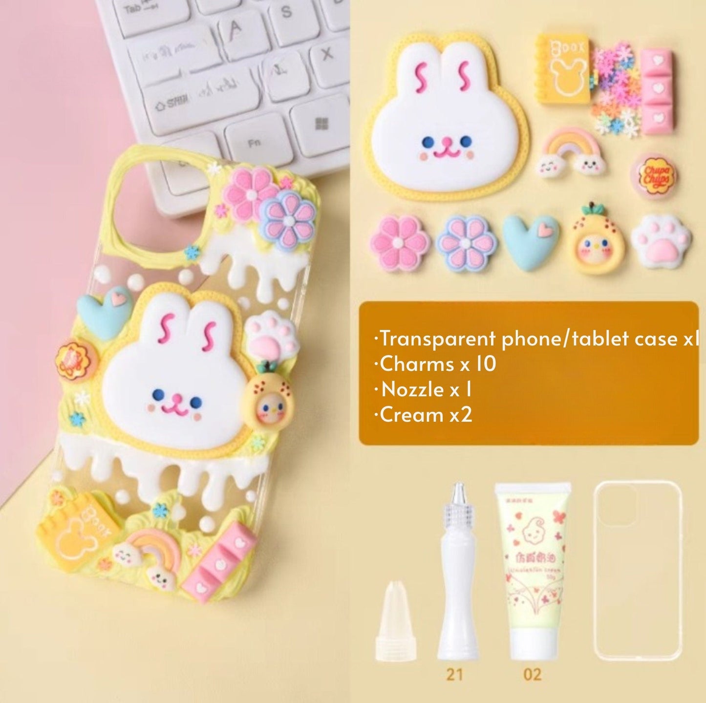 Decoden Custom Phone Case DIY Craft Kits | Kawaii Rabbit Face Food Candy Color Pearls Charms | Samsung Android iPhone