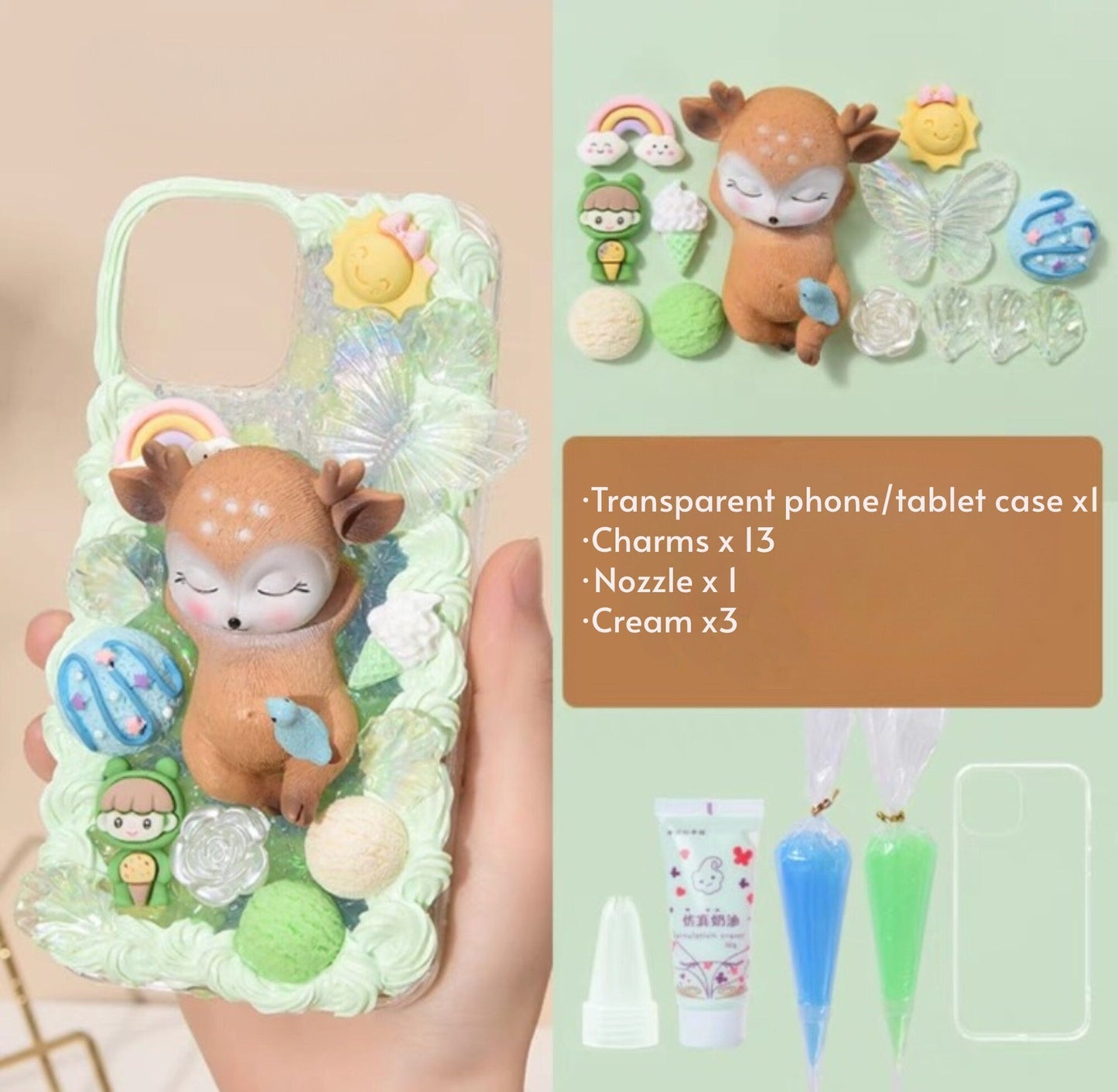 Decoden Custom Phone Case DIY Craft Kits | Kawaii Sleeping Sika Baby Deer Clouds Flowers Charms | Samsung Android