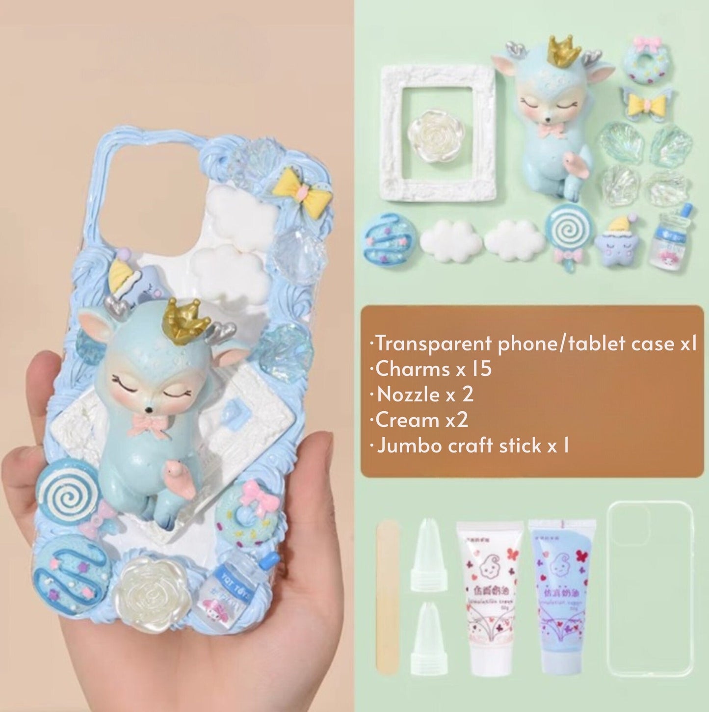 Decoden Custom Phone Case DIY Craft Kits | Kawaii Sleeping Sika Baby Deer Clouds Flowers Charms | Samsung Android