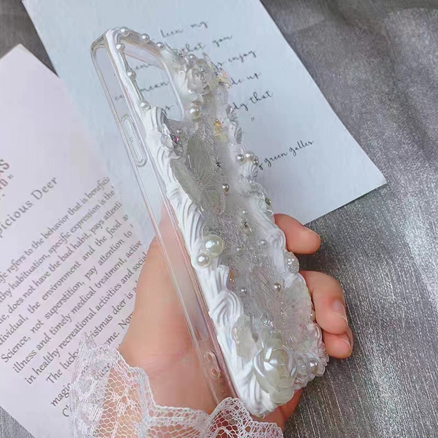 Decoden Custom Phone Case DIY Craft Kits | Lace Iridescent Butterflies Flowers Pearls Charms | Samsung Android iPhone