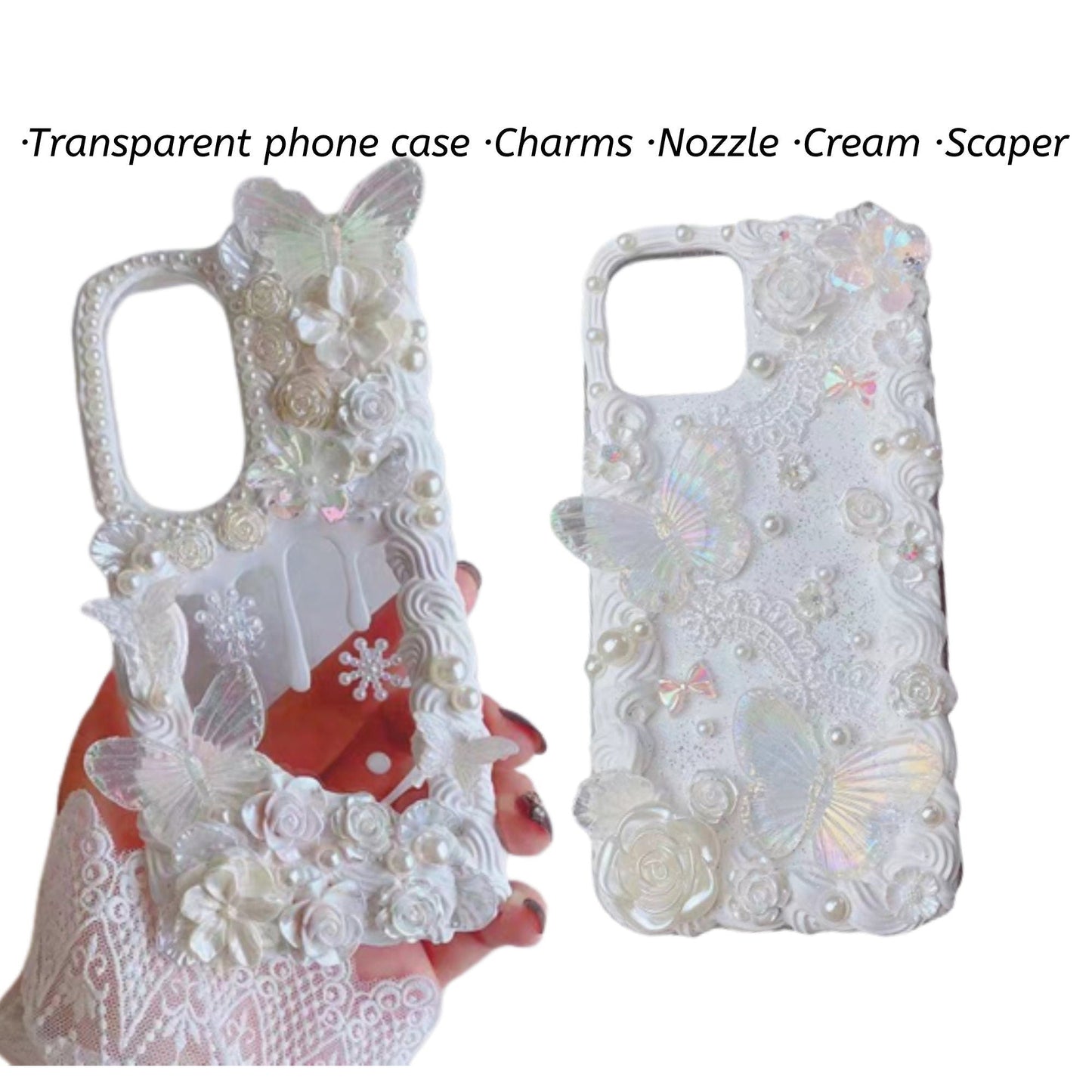 Decoden Custom Phone Case DIY Craft Kits | Lace Iridescent Butterflies Flowers Pearls Charms | Samsung Android iPhone