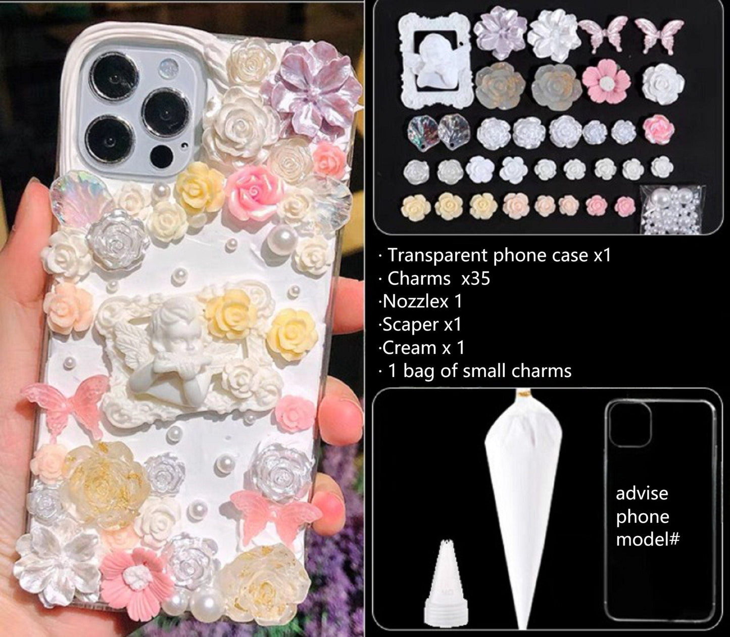 Decoden Custom Phone Case DIY Craft Kits | Ornate Frame Angel Flowers Daisies Bows Pearls Charms | Samsung Android