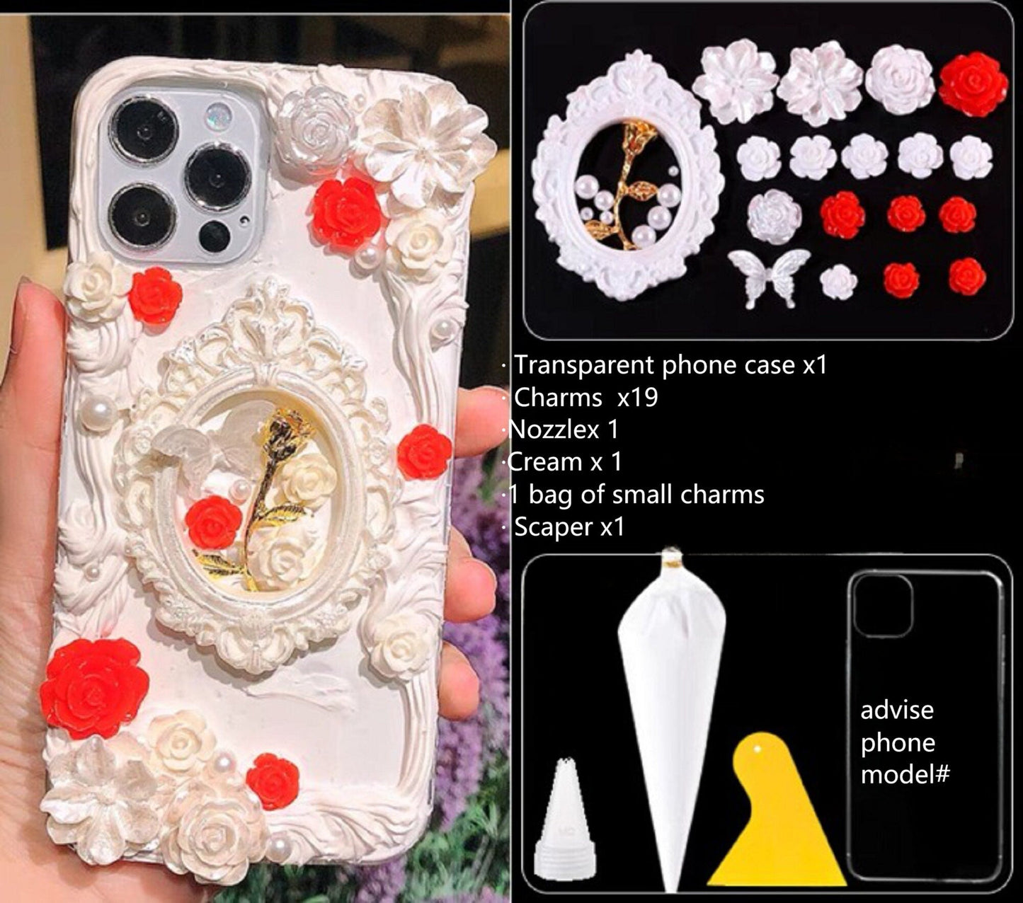 Decoden Custom Phone Case DIY Craft Kits | Ornate Frame Gold Rose Pink Bow Butterflies Roses Charms | Samsung Android