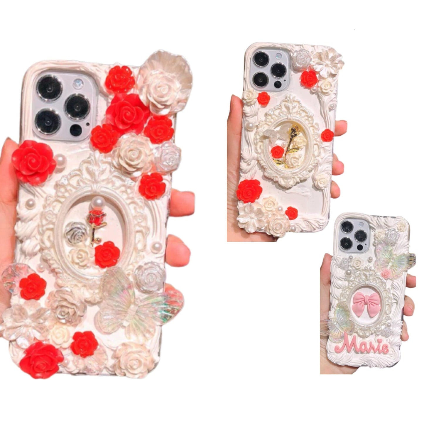 Decoden Custom Phone Case DIY Craft Kits | Ornate Frame Gold Rose Pink Bow Butterflies Roses Charms | Samsung Android