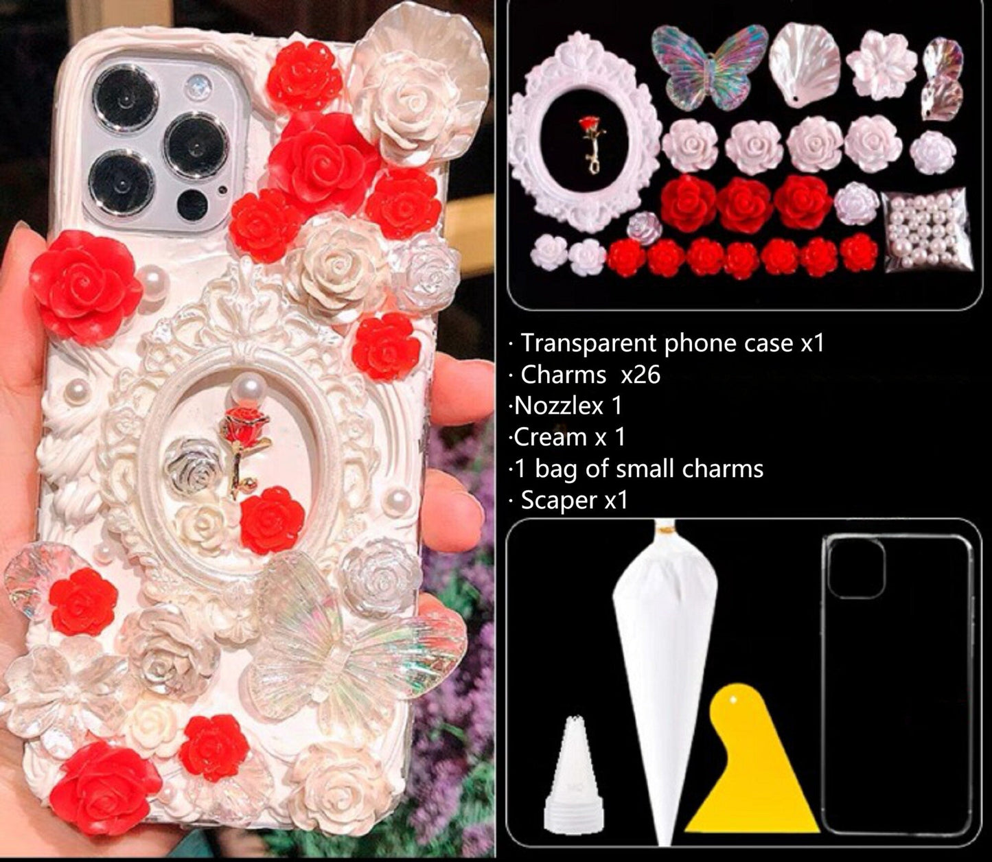 Decoden Custom Phone Case DIY Craft Kits | Ornate Frame Gold Rose Pink Bow Butterflies Roses Charms | Samsung Android