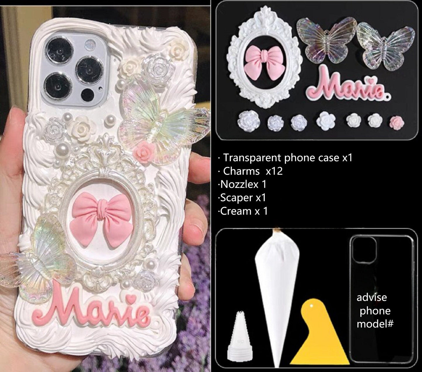 Decoden Custom Phone Case DIY Craft Kits | Ornate Frame Gold Rose Pink Bow Butterflies Roses Charms | Samsung Android