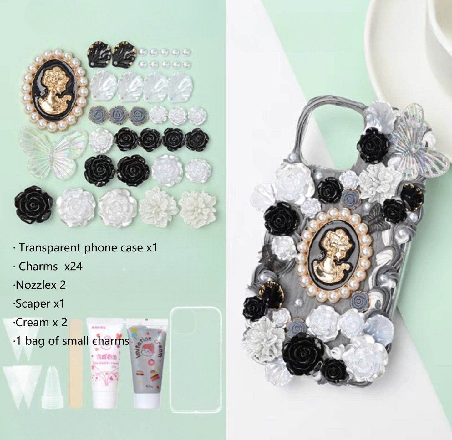 Decoden Custom Phone Case DIY Craft Kits | Pearl Frame Lady Portrait Flowers Butterfly Charms | Samsung Android iPhone