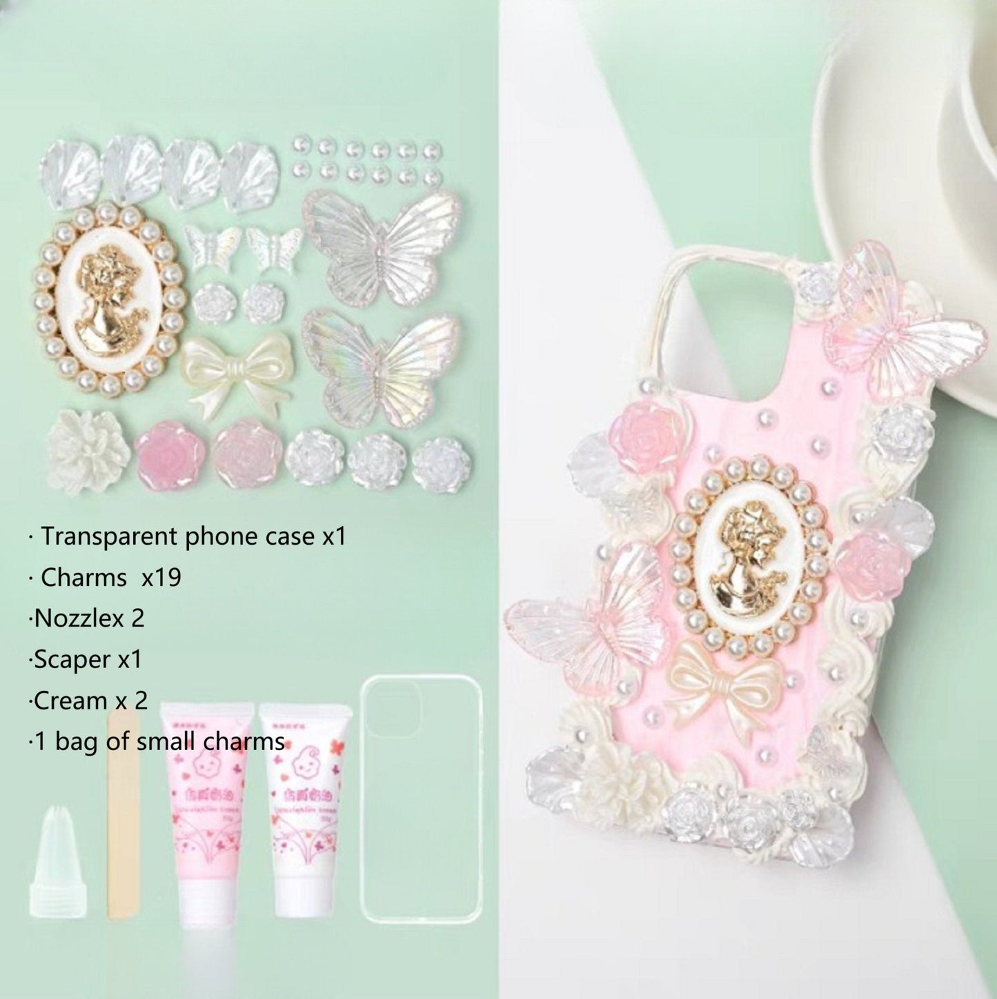 Decoden Custom Phone Case DIY Craft Kits | Pearl Frame Lady Portrait Flowers Butterfly Charms | Samsung Android iPhone