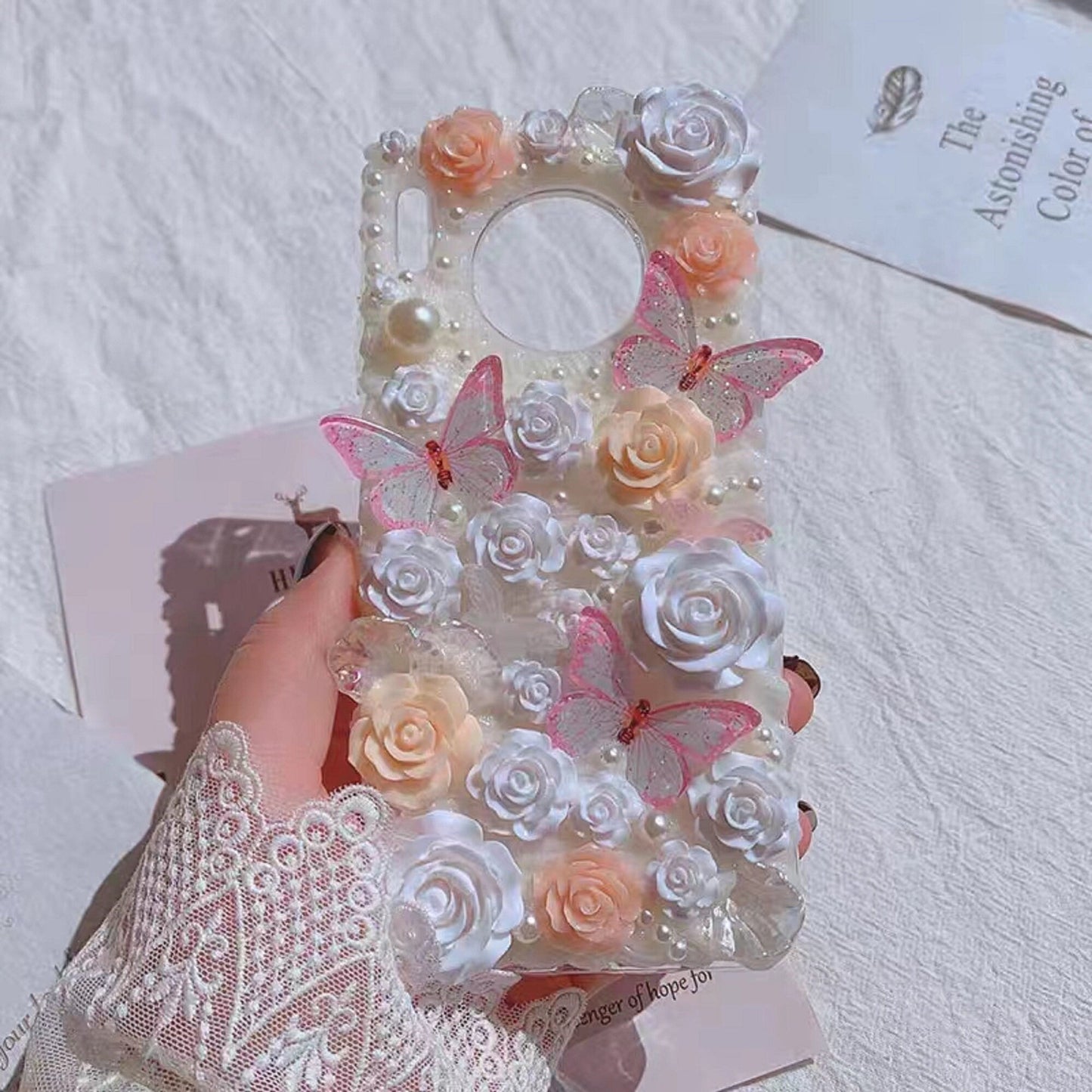 Decoden Custom Phone Case DIY Craft Kits | Pink Butterflies White Peach Flowers Bows Pearls Charms | Samsung Android