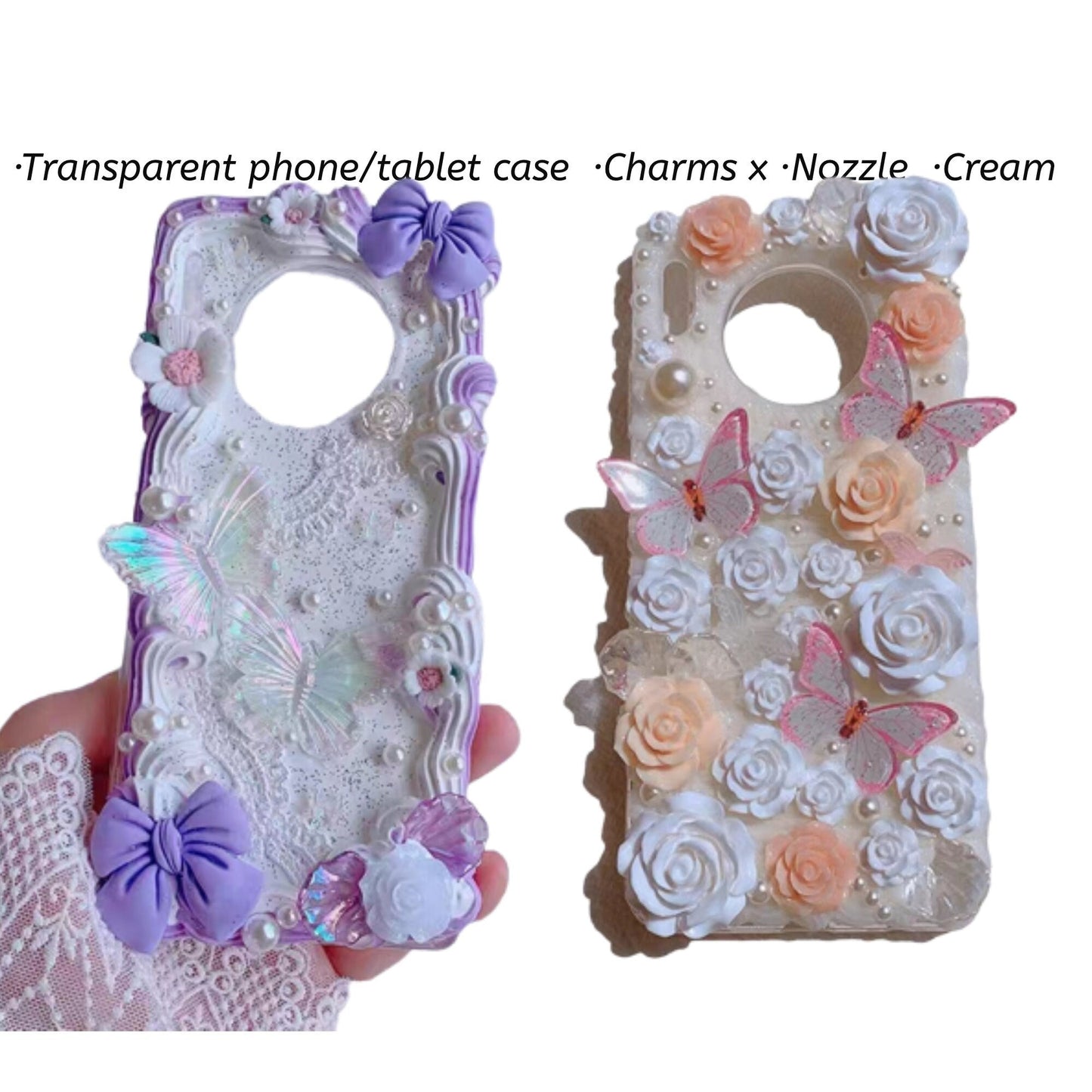 Decoden Custom Phone Case DIY Craft Kits | Pink Butterflies White Peach Flowers Bows Pearls Charms | Samsung Android