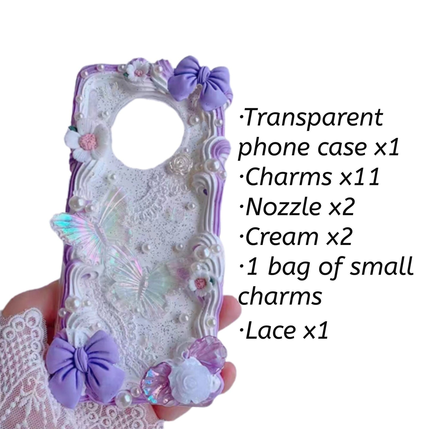 Decoden Custom Phone Case DIY Craft Kits | Pink Butterflies White Peach Flowers Bows Pearls Charms | Samsung Android