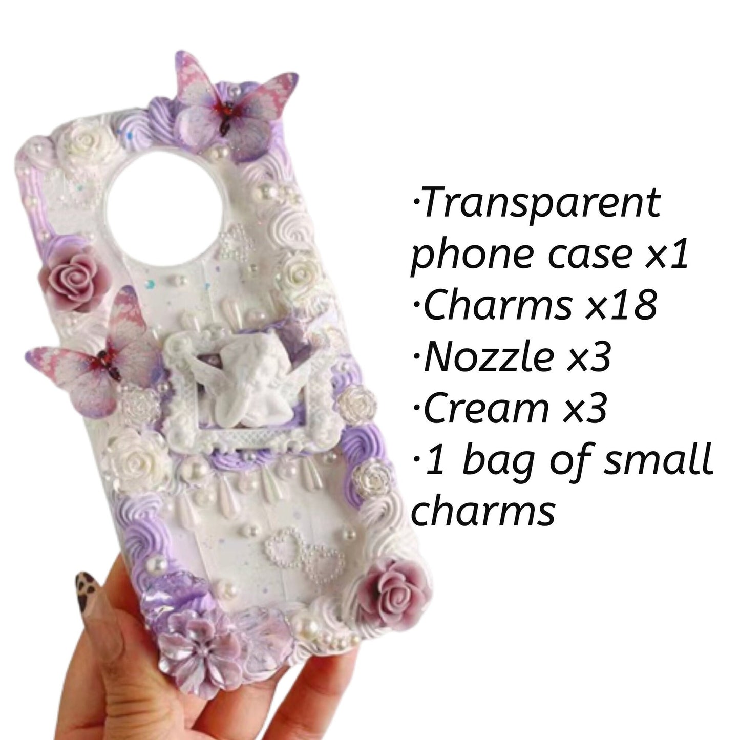 Decoden Custom Phone Case DIY Craft Kits | Pink Purple White Butterflies Flowers Frame Angel Charms | Samsung Android
