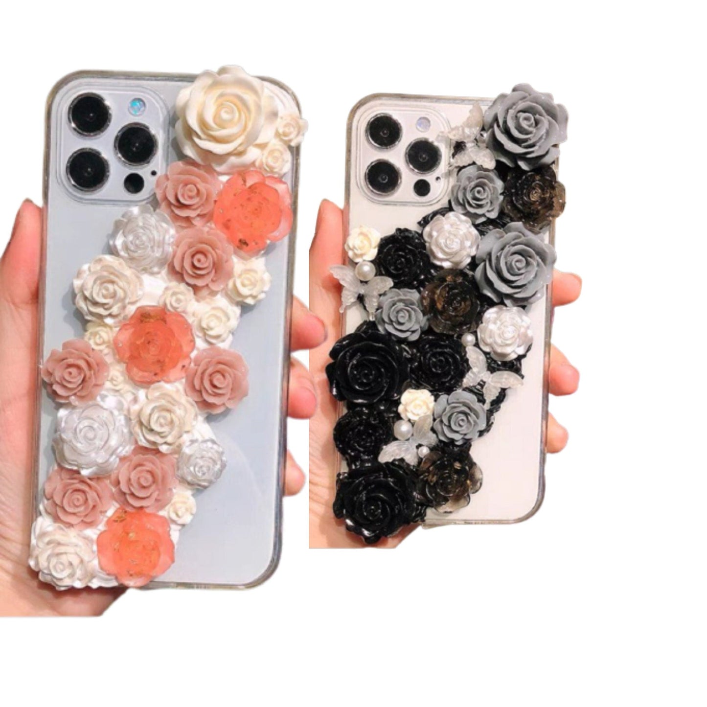 Decoden Custom Phone Case DIY Craft Kits | Pink White Peach Black Gray Roses Butterflies Charms | Samsung Android
