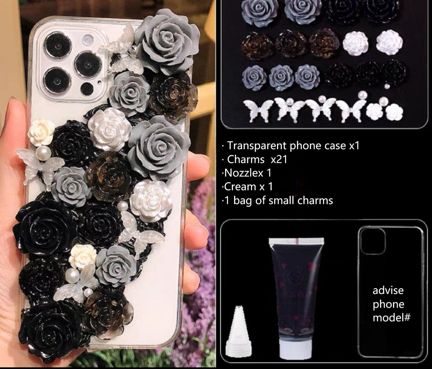 Decoden Custom Phone Case DIY Craft Kits | Pink White Peach Black Gray Roses Butterflies Charms | Samsung Android