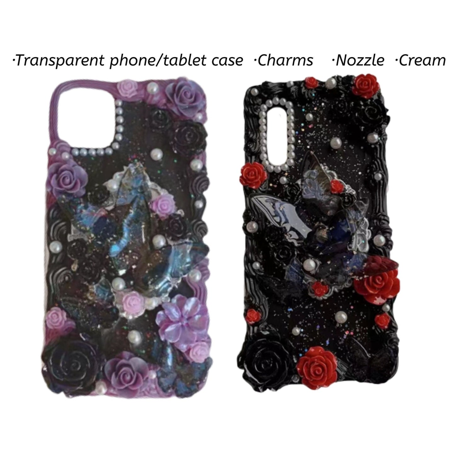 Decoden Custom Phone Case DIY Craft Kits | Purple Black Red Roses Iridescent Butterflies Charms | Samsung Android