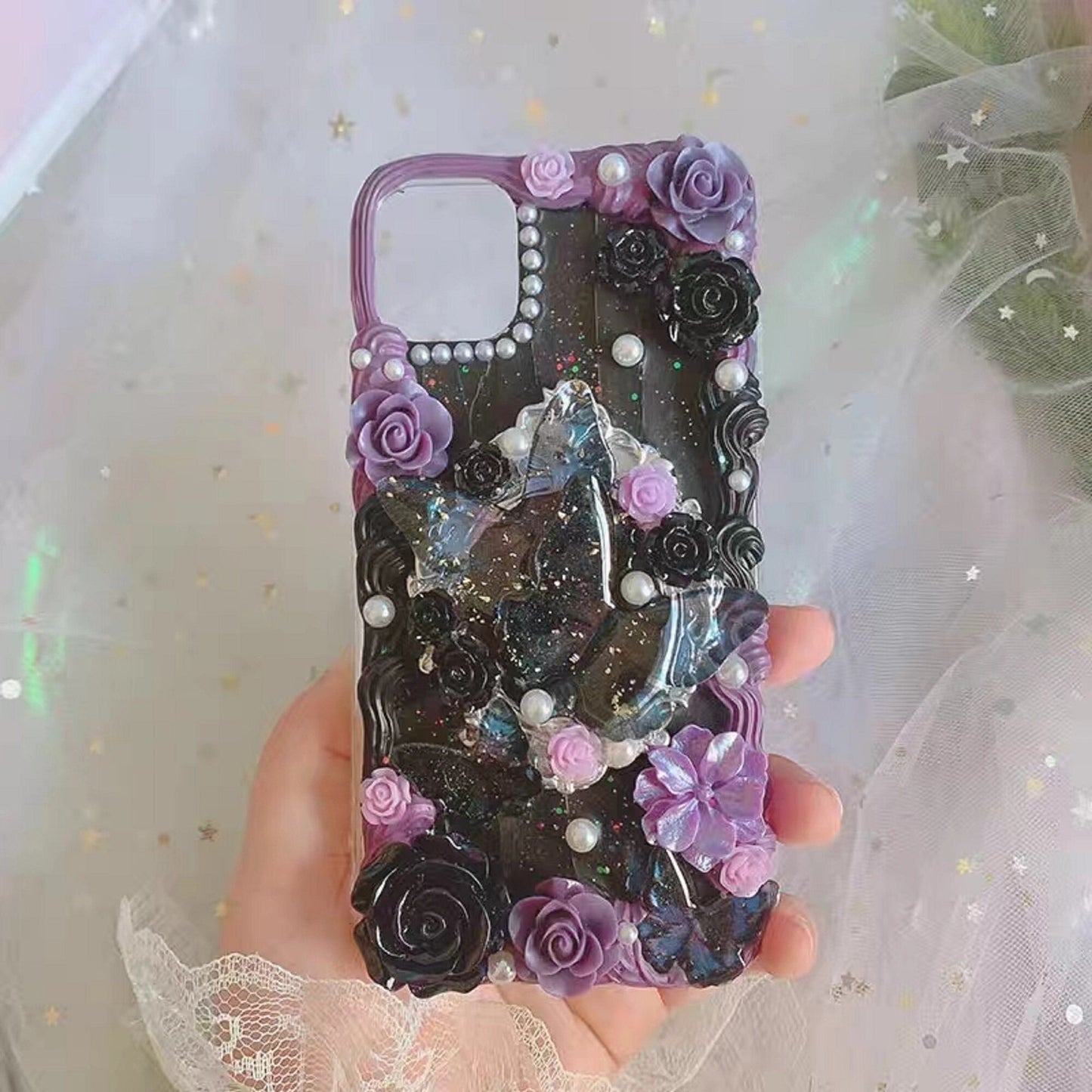 Decoden Custom Phone Case DIY Craft Kits | Purple Black Red Roses Iridescent Butterflies Charms | Samsung Android