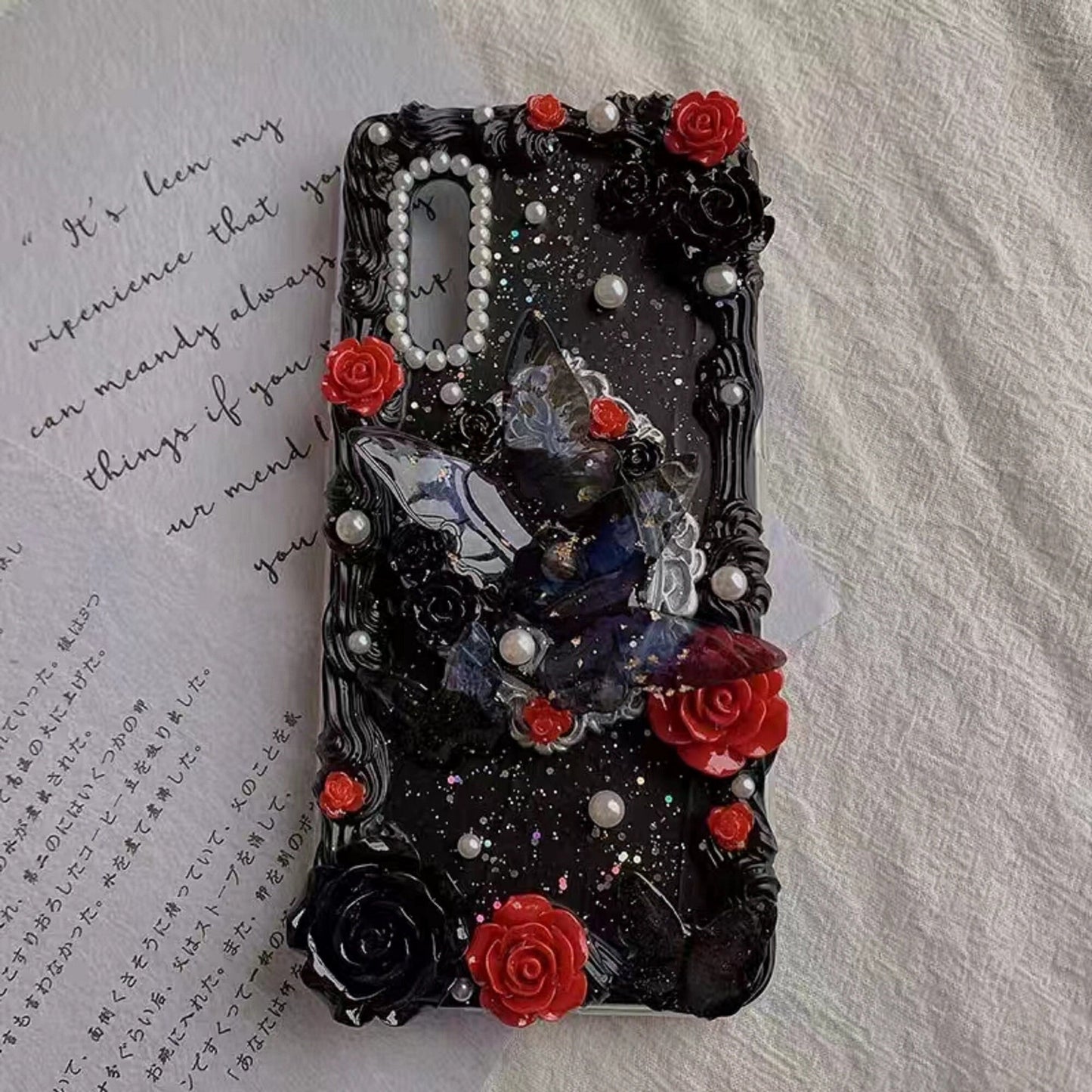 Decoden Custom Phone Case DIY Craft Kits | Purple Black Red Roses Iridescent Butterflies Charms | Samsung Android