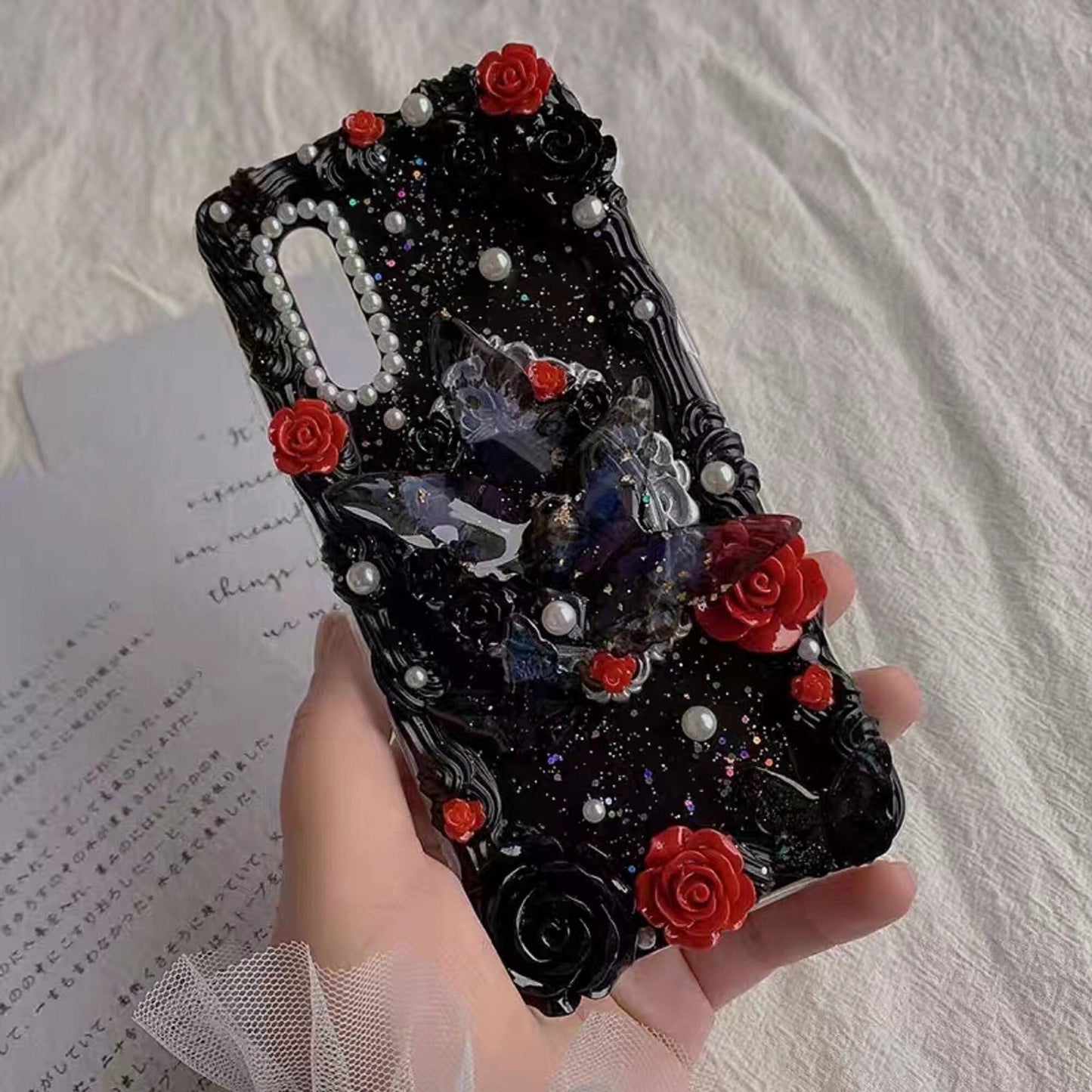 Decoden Custom Phone Case DIY Craft Kits | Purple Black Red Roses Iridescent Butterflies Charms | Samsung Android