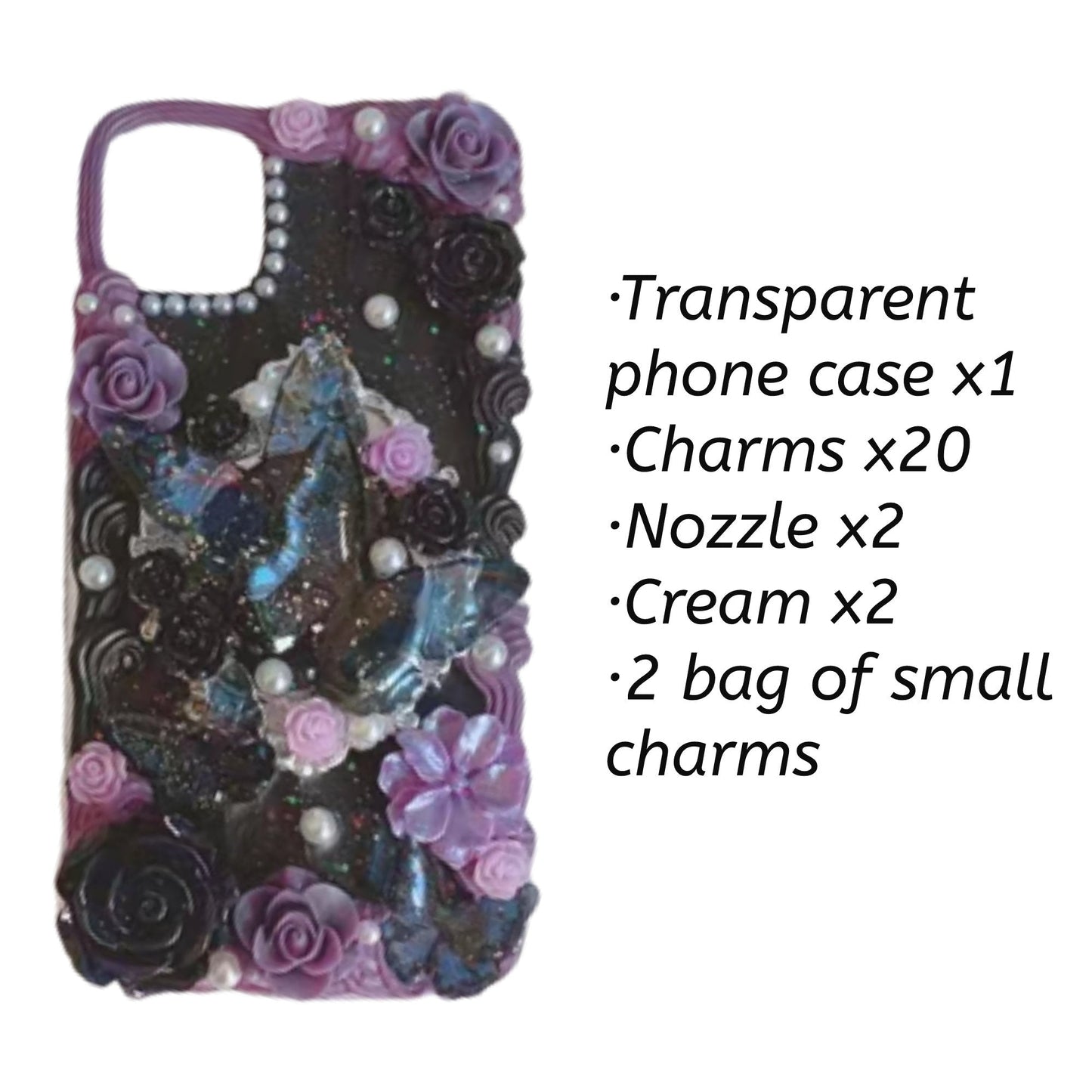 Decoden Custom Phone Case DIY Craft Kits | Purple Black Red Roses Iridescent Butterflies Charms | Samsung Android