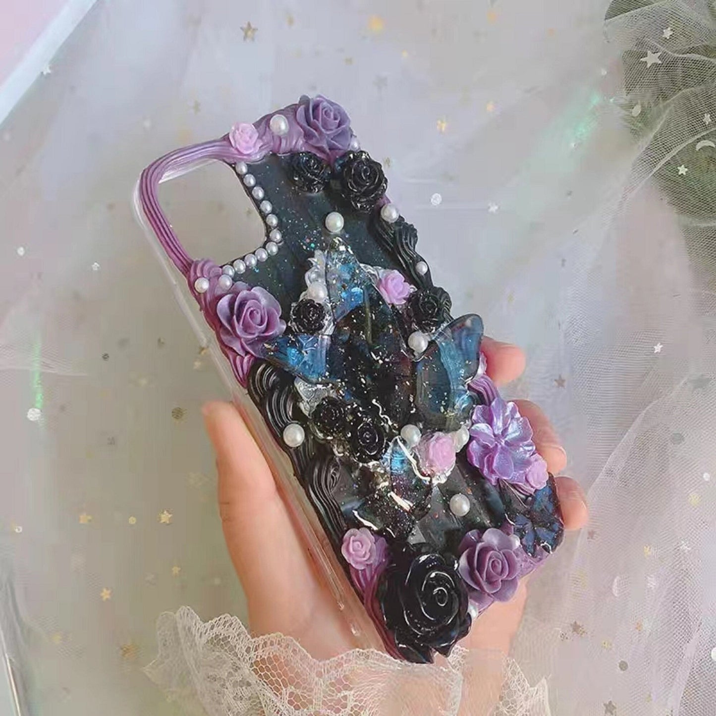 Decoden Custom Phone Case DIY Craft Kits | Purple Black Red Roses Iridescent Butterflies Charms | Samsung Android