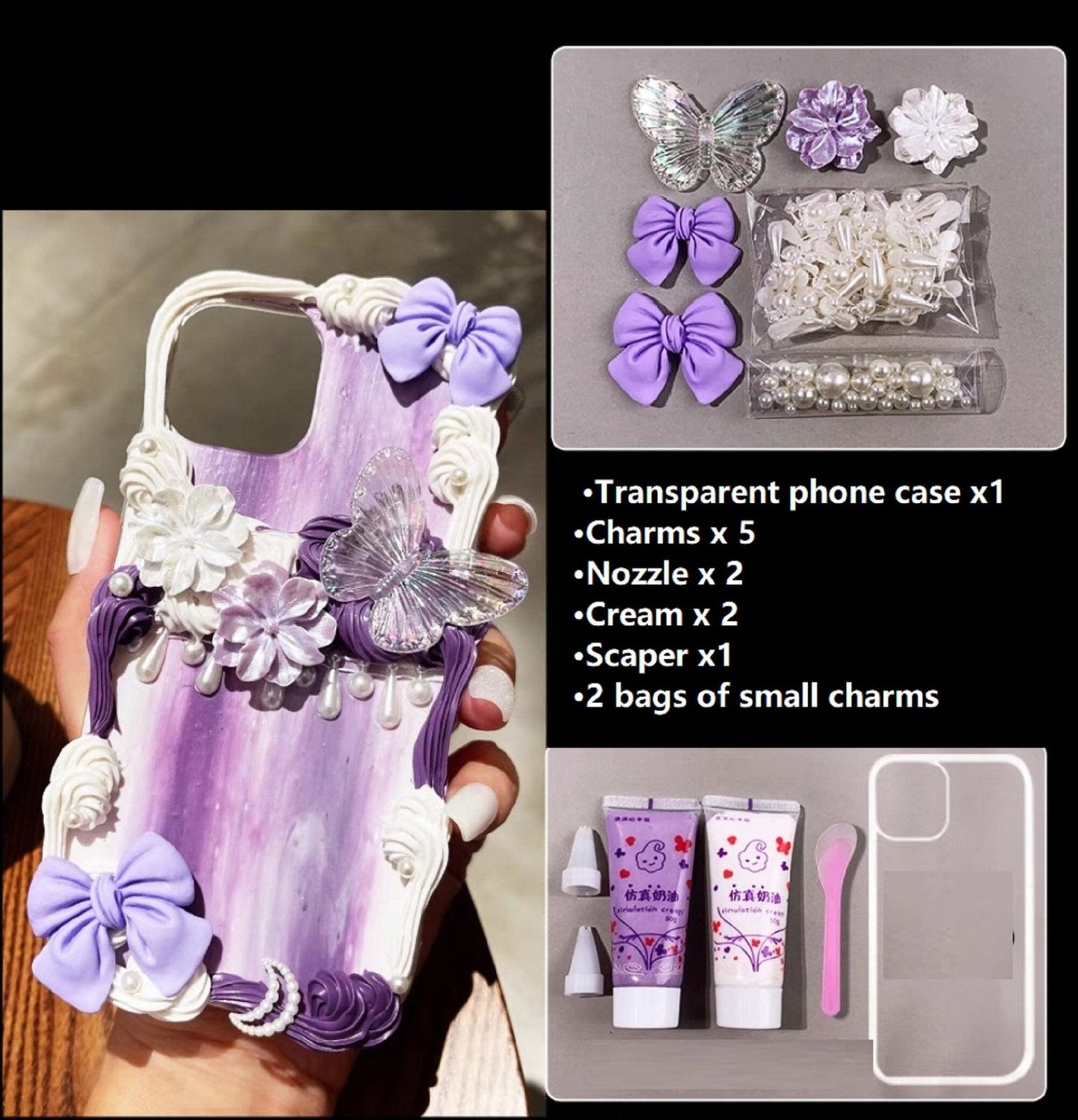 Decoden Custom Phone Case DIY Craft Kits | Purple Flowers Bows Butterflies Charms | Samsung Android iPhone Cases - B
