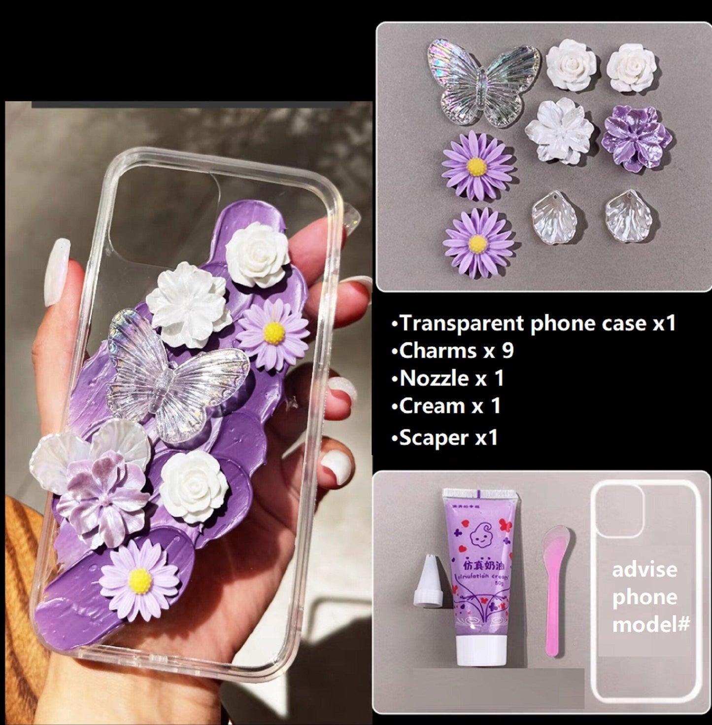 Decoden Custom Phone Case DIY Craft Kits | Purple Flowers Bows Butterflies Charms | Samsung Android iPhone Cases