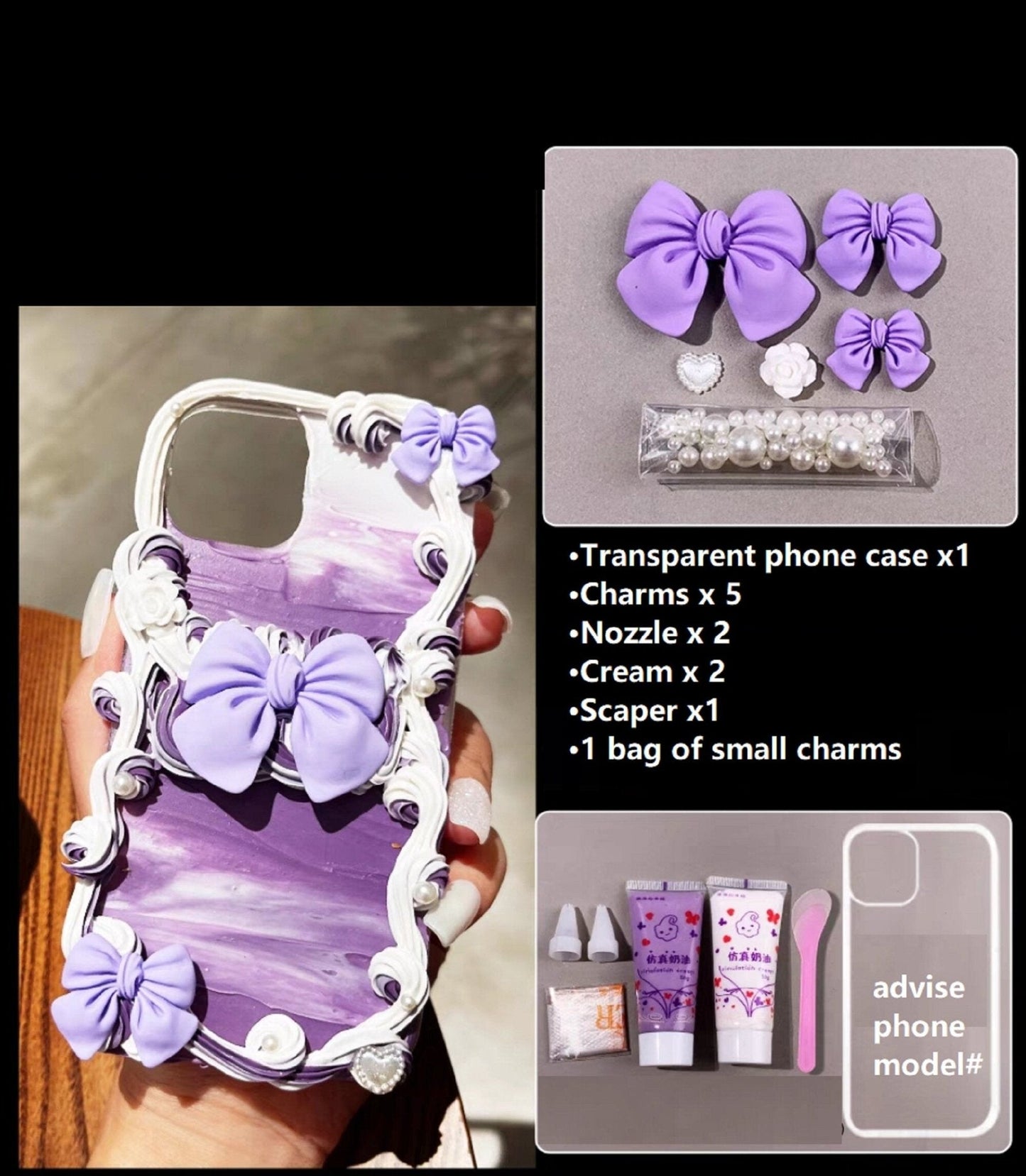 Decoden Custom Phone Case DIY Craft Kits | Purple Flowers Bows Butterflies Charms | Samsung Android iPhone Cases - C