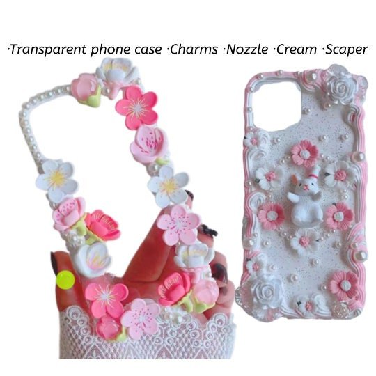 Decoden Custom Phone Case DIY Craft Kits | Sakura Flowers Daisies Rabbit Pearls Charms | Samsung Android iPhone Cases