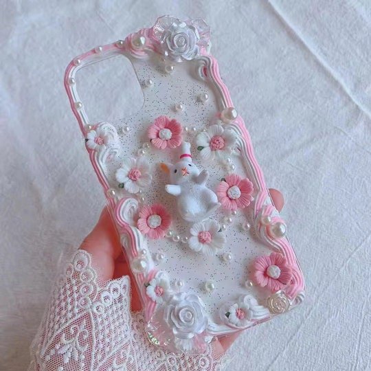 Decoden Custom Phone Case DIY Craft Kits | Sakura Flowers Daisies Rabbit Pearls Charms | Samsung Android iPhone Cases