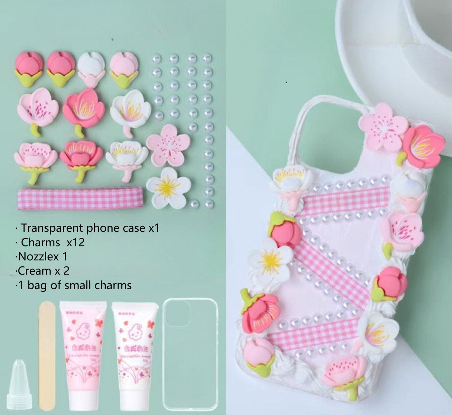 Decoden Custom Phone Case DIY Craft Kits | Sakura Flowers Pearls Color Beads Plaid Ribbon Charms | Samsung Android