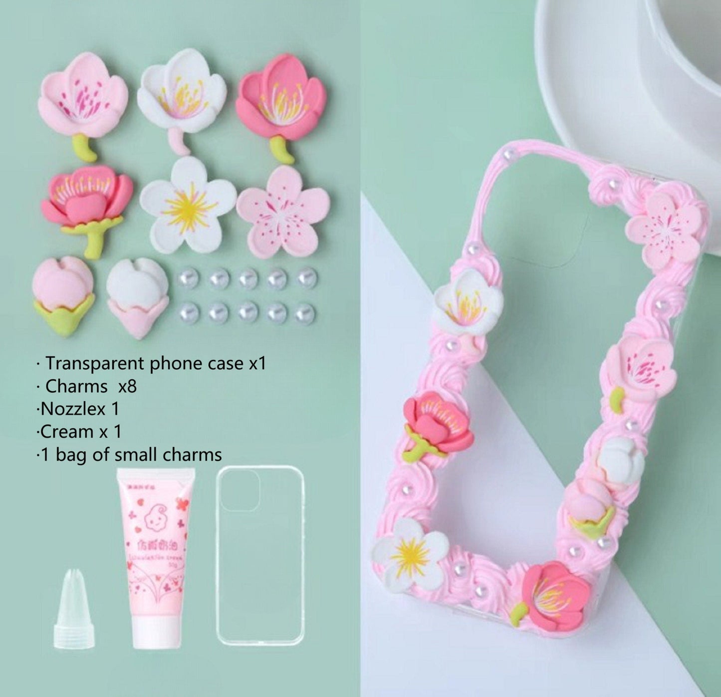 Decoden Custom Phone Case DIY Craft Kits | Sakura Flowers Pearls Color Beads Plaid Ribbon Charms | Samsung Android