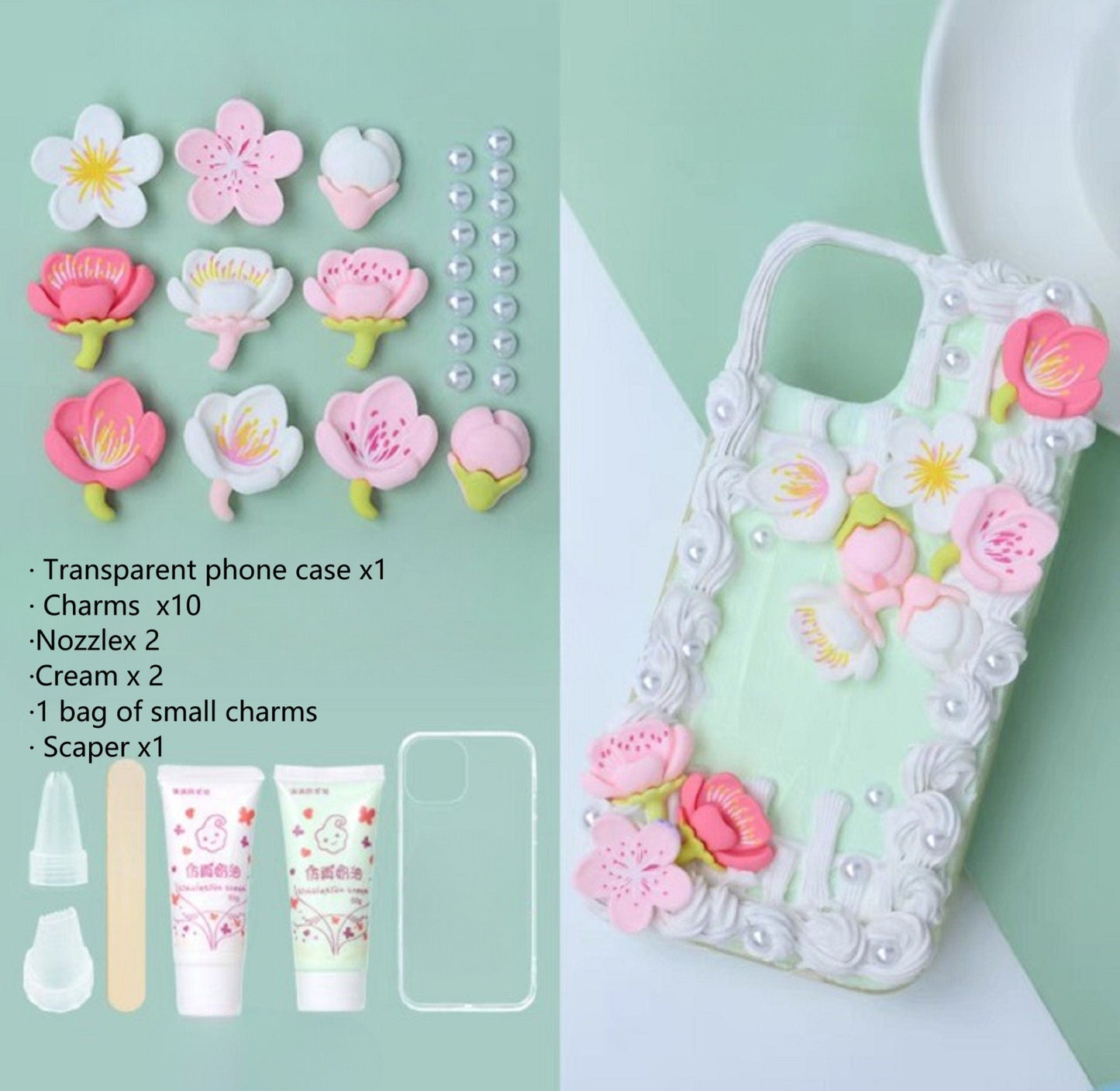 Decoden Custom Phone Case DIY Craft Kits | Sakura Flowers Pearls Color Beads Plaid Ribbon Charms | Samsung Android