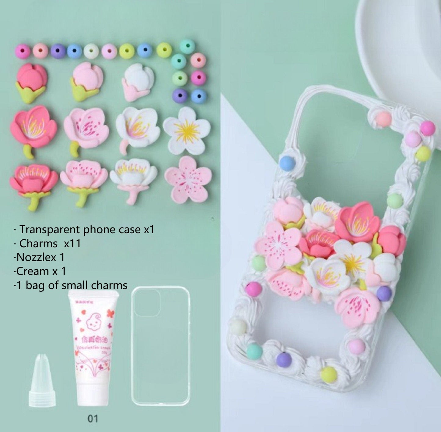 Decoden Custom Phone Case DIY Craft Kits | Sakura Flowers Pearls Color Beads Plaid Ribbon Charms | Samsung Android