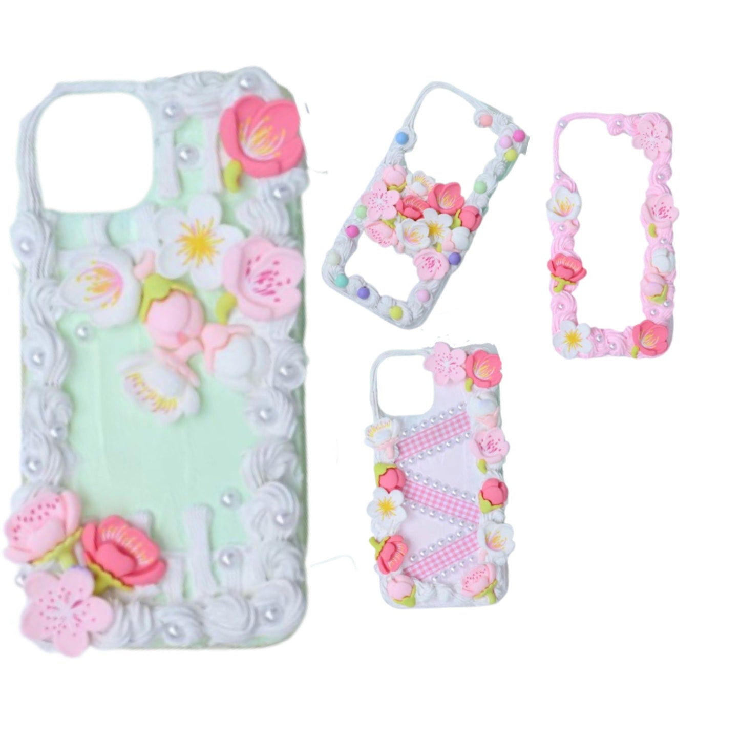 Decoden Custom Phone Case DIY Craft Kits | Sakura Flowers Pearls Color Beads Plaid Ribbon Charms | Samsung Android