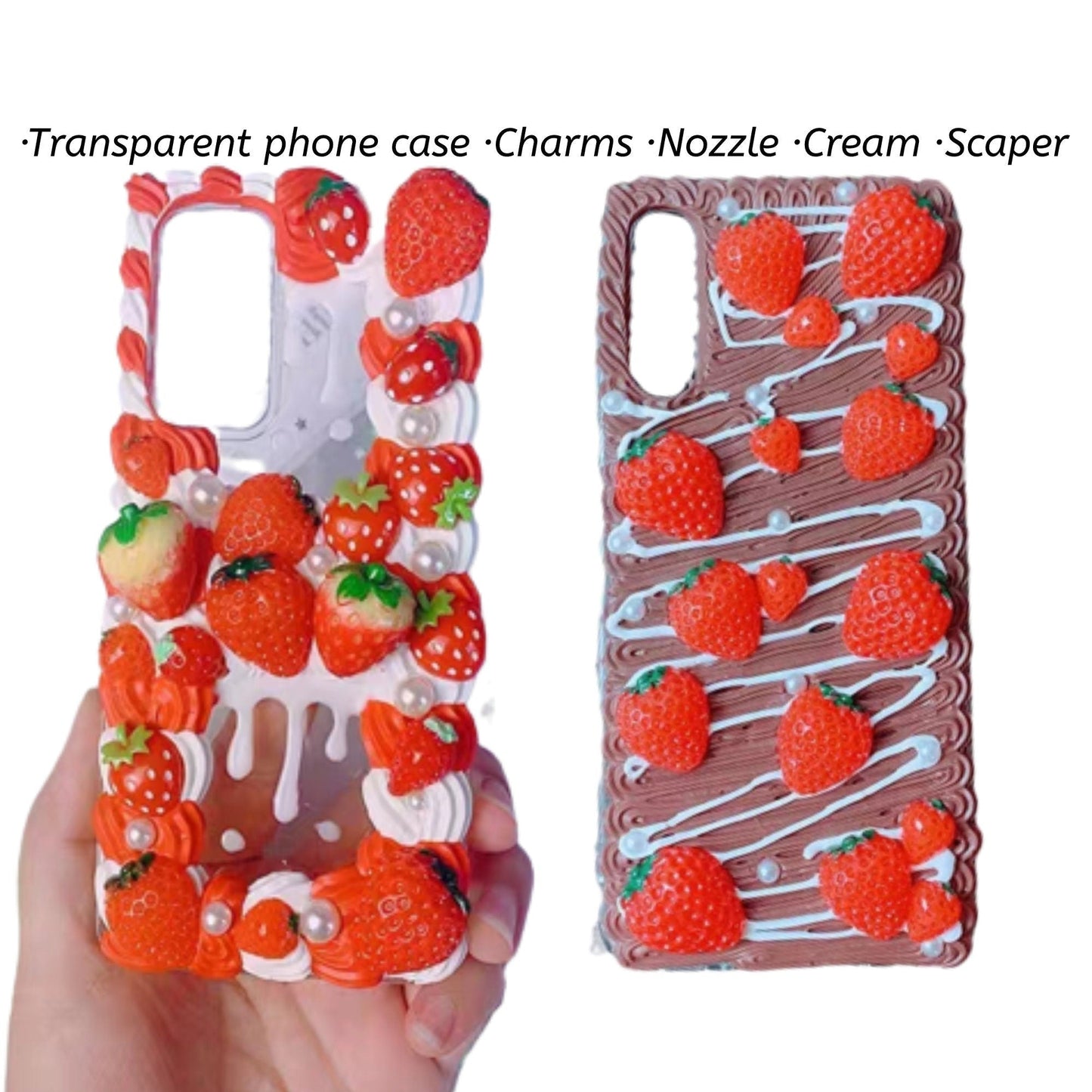 Decoden Custom Phone Case DIY Craft Kits | Strawberries Various Styles Fruit Food Pearls Charms | Samsung Android