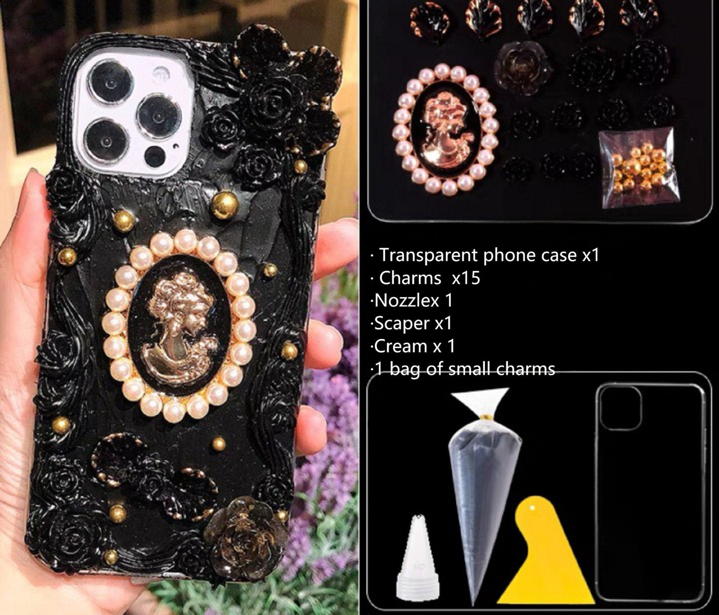 Decoden Custom Phone Case DIY Craft Kits | White Black Roses Butterflies Pearl Frame Gold Lady Charms | Samsung Android