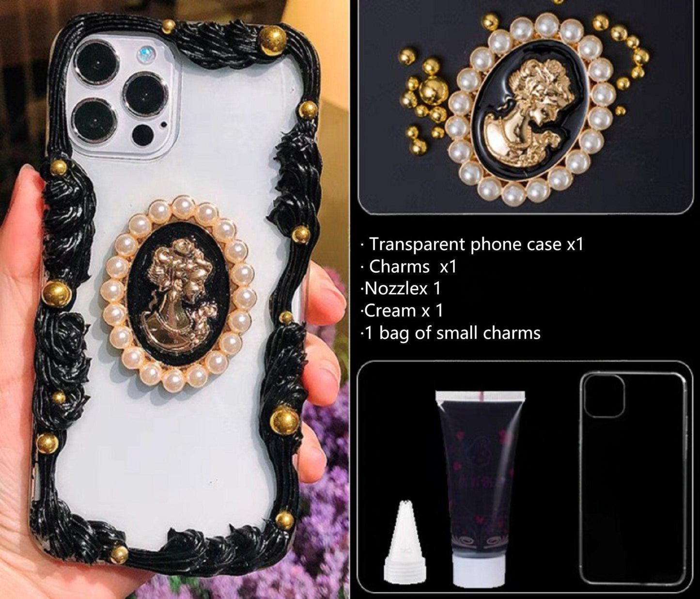 Decoden Custom Phone Case DIY Craft Kits | White Black Roses Butterflies Pearl Frame Gold Lady Charms | Samsung Android